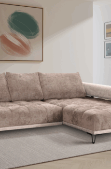 Canapé d'angle droit en tissu chenille et velours taupe