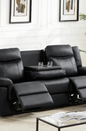 Canapé 3 places relax électrique en cuir avec tablette noir