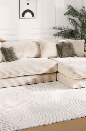 Canapé d'angle droit en velours côtelé grosses côtes beige