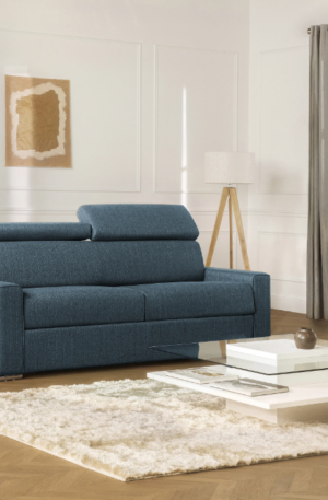 Canapé 4 places convertible express en tissu bleu - couchage lattes larges 160 cm - Matelas 22 cm avec mémoire de forme VIZIR