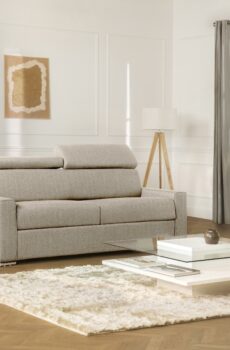 Canapé 4 places convertible express en tissu beige - Couchage à lattes larges 160 cm - Matelas 18 cm VIZIR