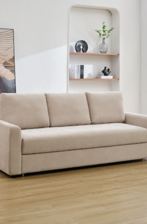 Canapé 3 places convertible en tissu beige avec assise à mémoire de forme