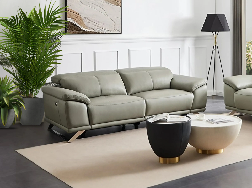 Canapé 3 places relax électrique en cuir de vachette gris clair AZIDEE II