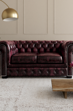 Canapé chesterfield 2 places BRENTON 100% cuir de buffle - Bordeaux
