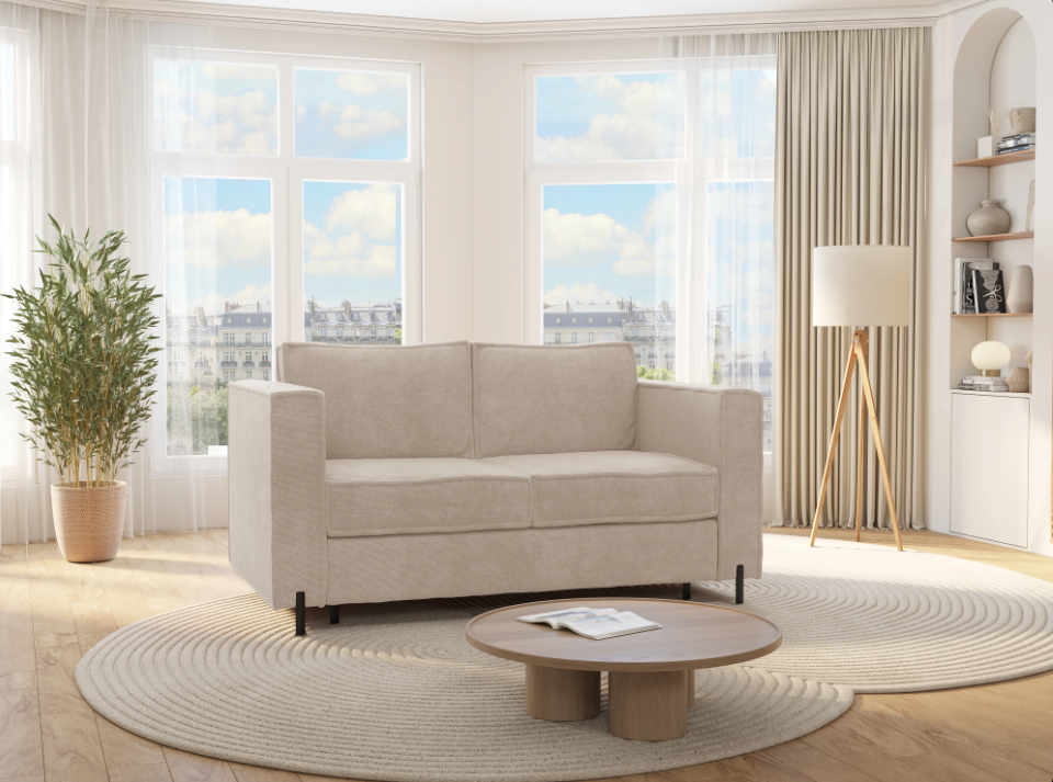 Canapé 4 places convertible express en tissu texturé beige - Couchage 160 cm - Matelas 14 cm - ELORYA