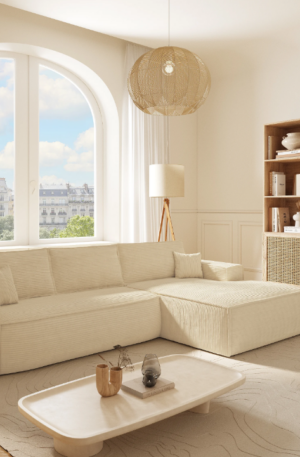 Canapé d'angle droit convertible express en velours côtelé beige - Couchage 140 cm - Matelas 14 cm avec mémoire de forme - AMELIA